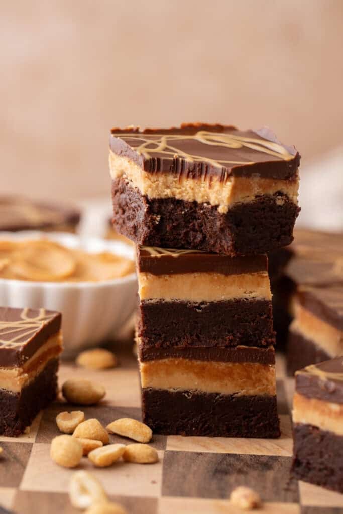 Buckeye Brownies Recipe stacked on top of each other