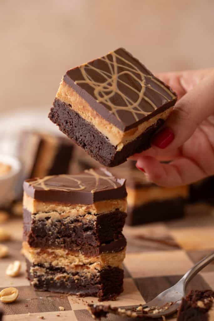 Buckeye Brownies Recipe stacked on top of each other