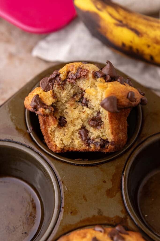 Banana Chocolate Chip Muffins on a pan