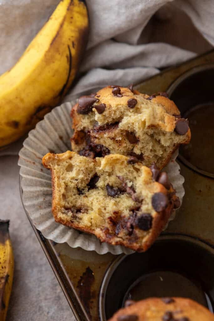 Banana Chocolate Chip Muffins on a pan