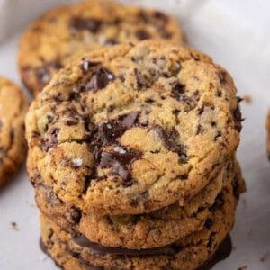 Jacques Torres Chocolate Chip Cookie recipe stacked on top of each other
