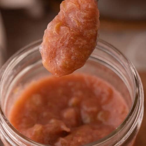 homemade rhubarb sauce recipe in a jar on a spoon