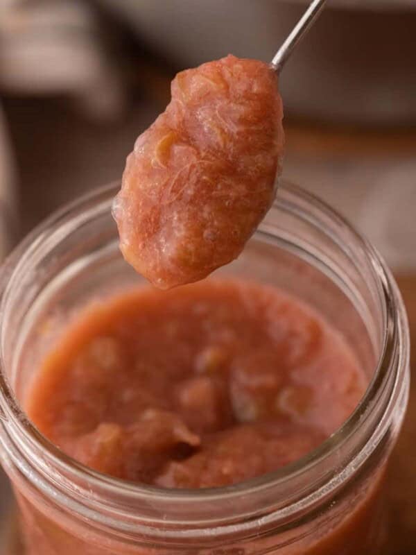 homemade rhubarb sauce recipe in a jar on a spoon