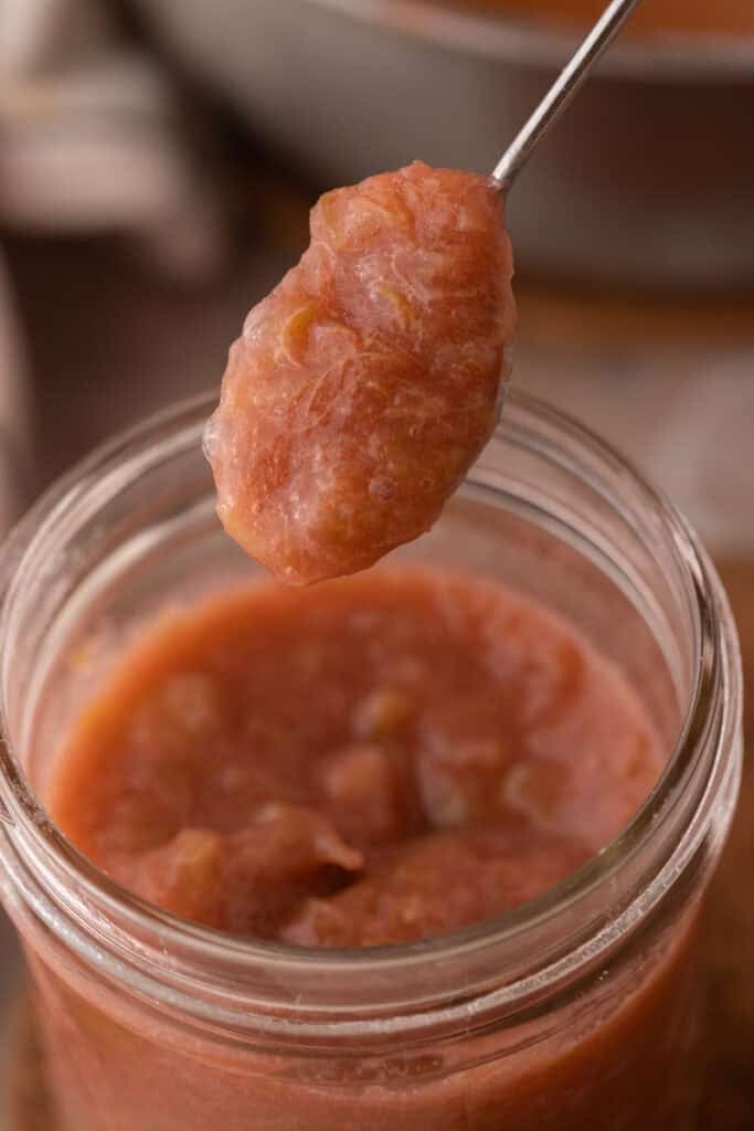 homemade rhubarb sauce recipe in a jar on a spoon
