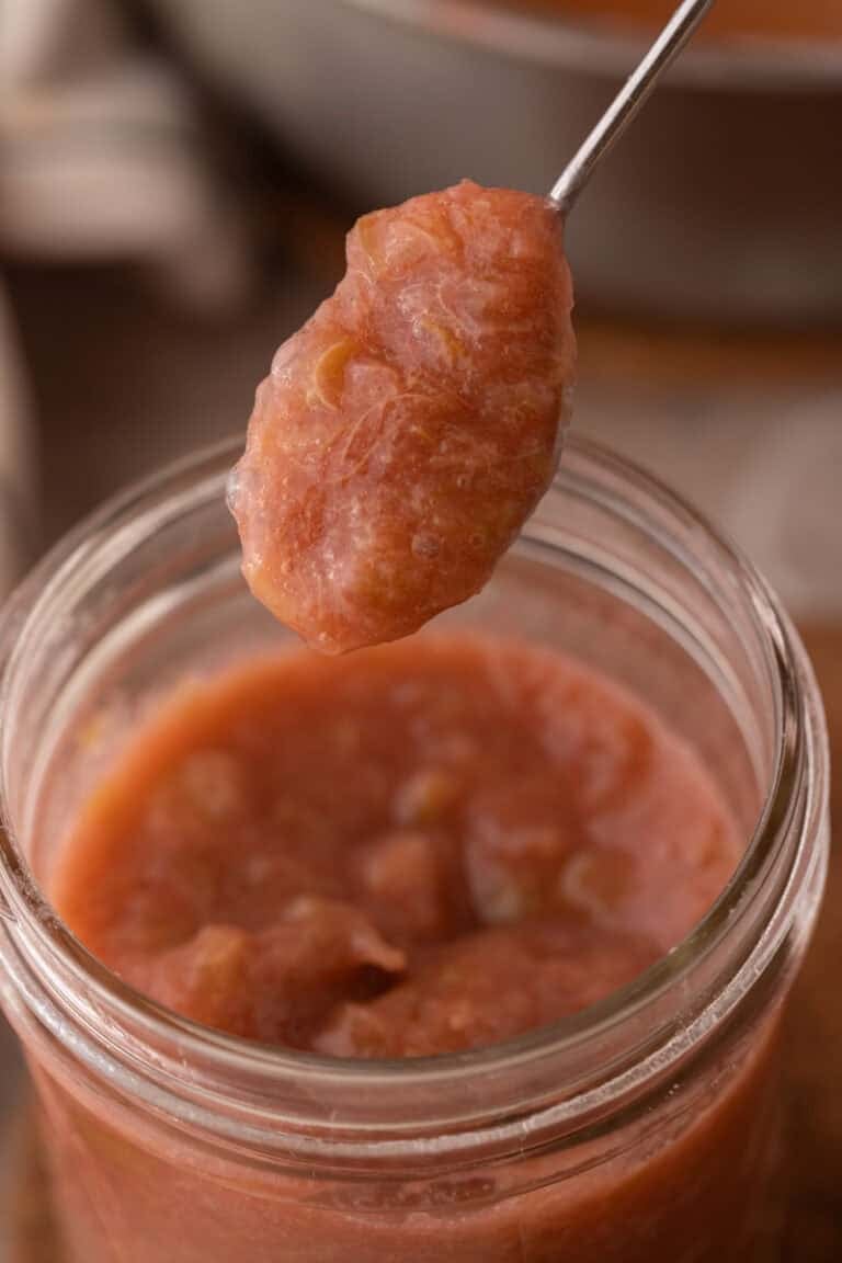 homemade rhubarb sauce recipe in a jar on a spoon
