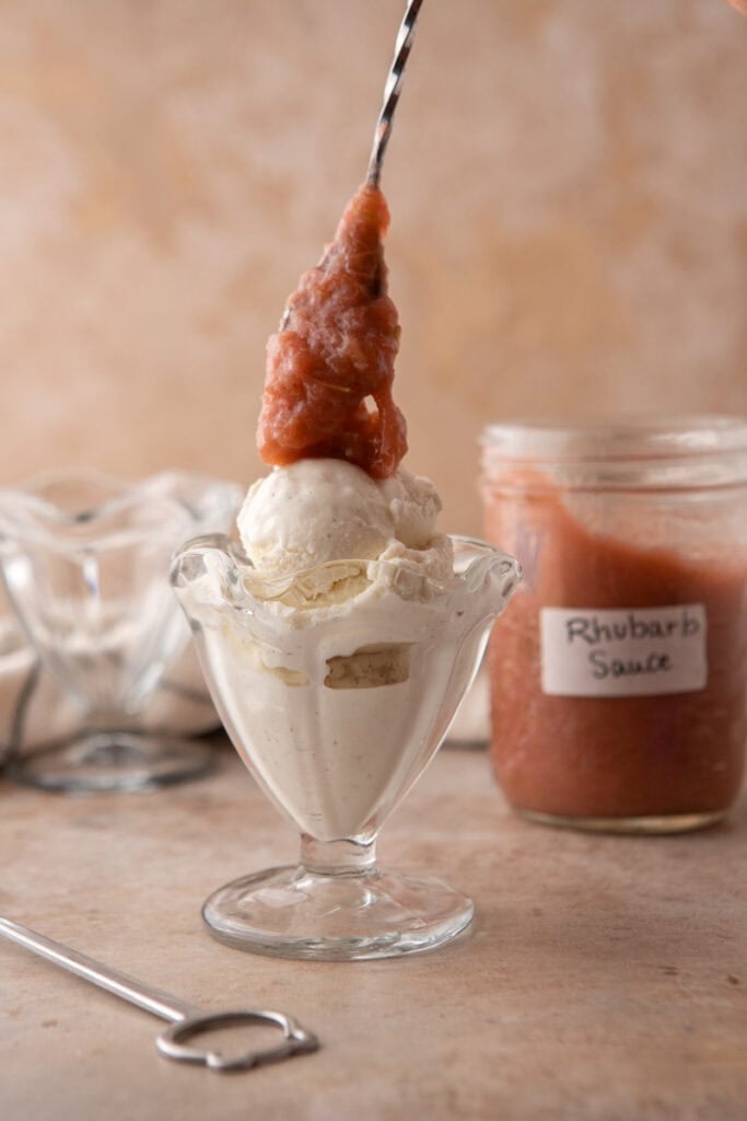 homemade rhubarb sauce recipe going onto ice cream