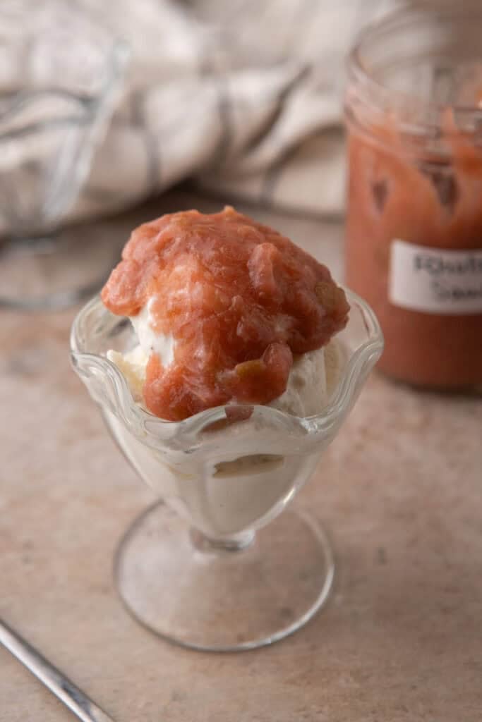 homemade rhubarb sauce recipe on an ice cream scoop