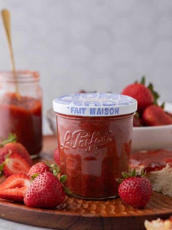 strawberry rhubarb jam recipe in a jar