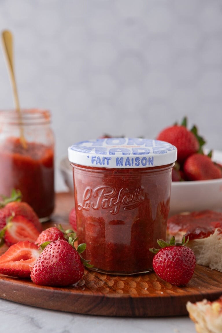 strawberry rhubarb jam recipe in a jar