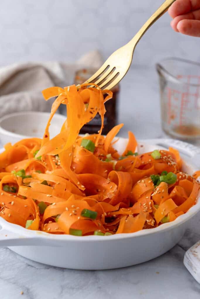Carrot Ribbon Salad Recipe getting picked up by a fork