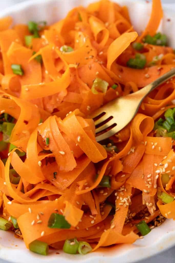 Carrot Ribbon Salad Recipe getting picked up by a fork
