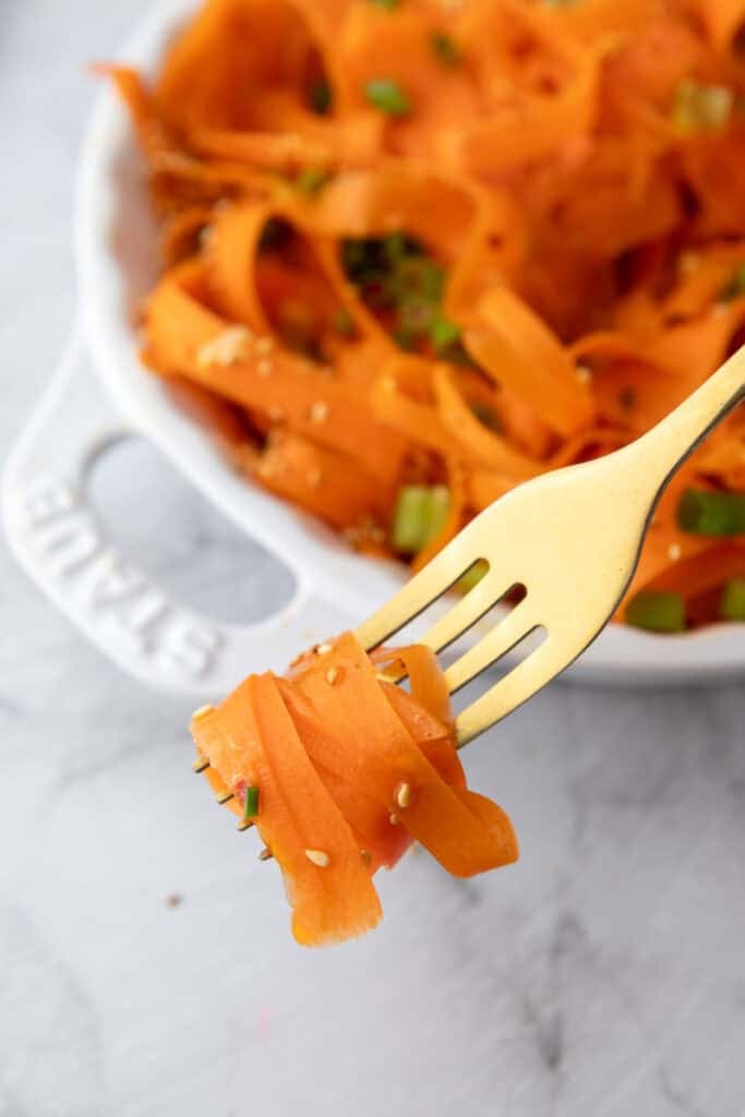 Carrot Ribbon Salad Recipe getting picked up by a fork