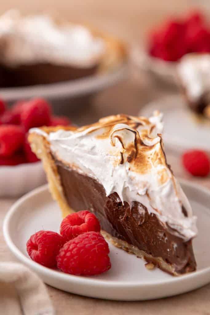 chocolate meringue pie slice overhead shot