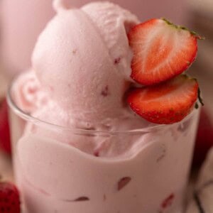 Strawberry cottage cheese ice cream close up