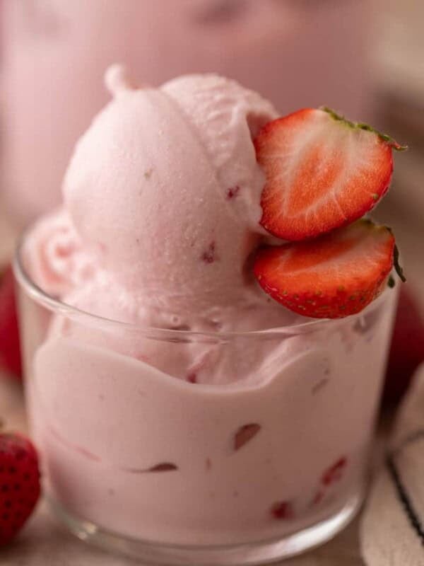 Strawberry cottage cheese ice cream close up