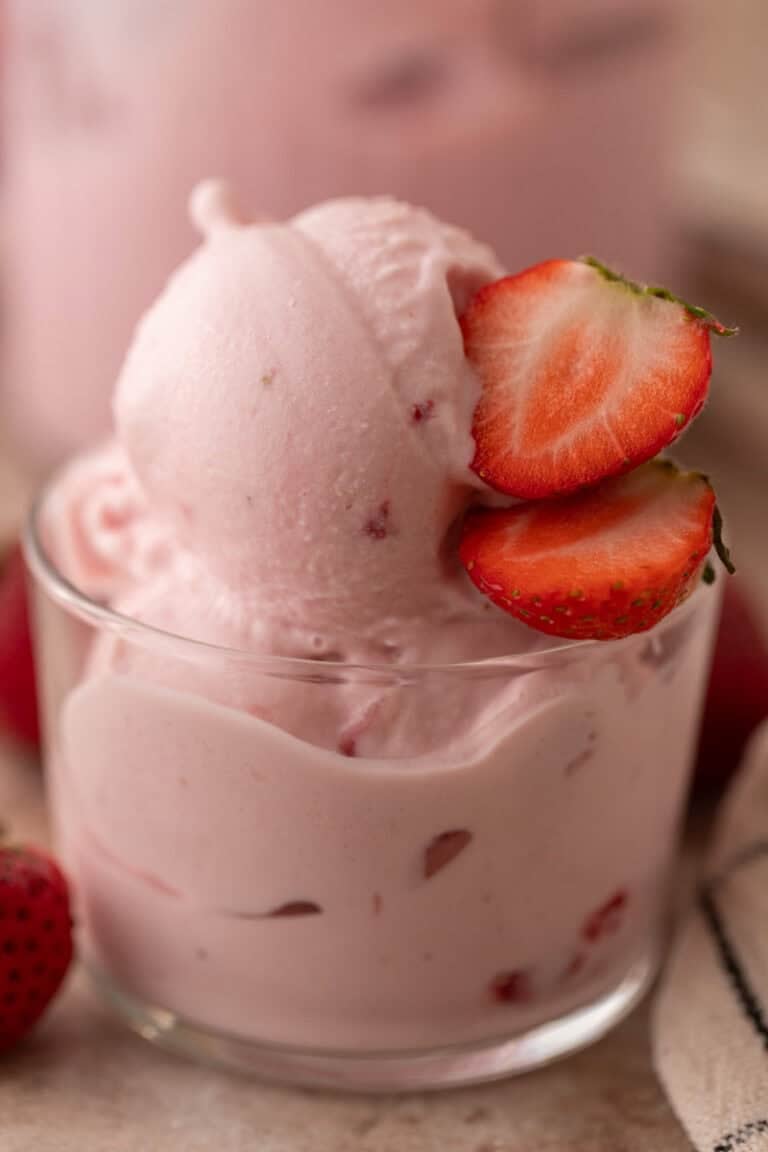 Strawberry cottage cheese ice cream close up