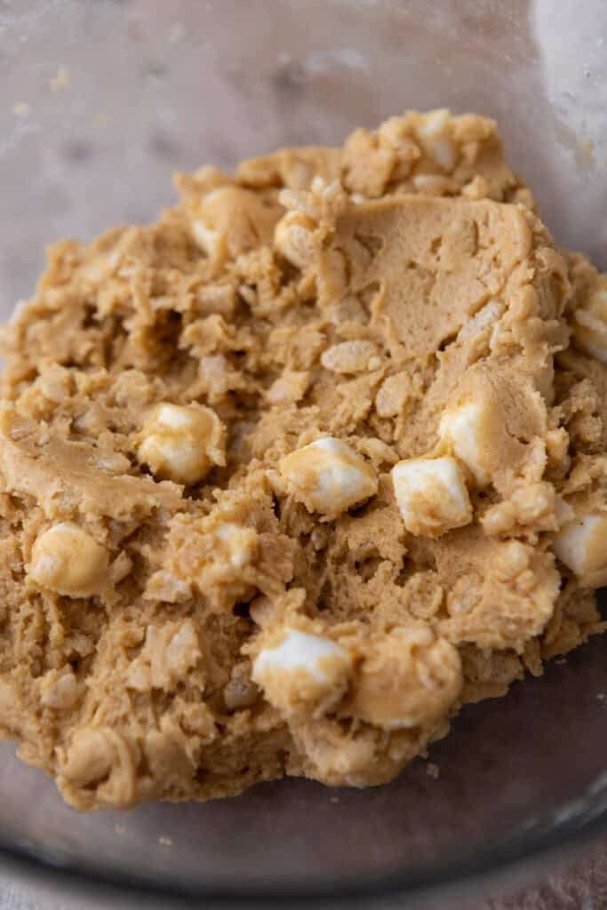 rice krispy marshmallow cookie dough in a bowl