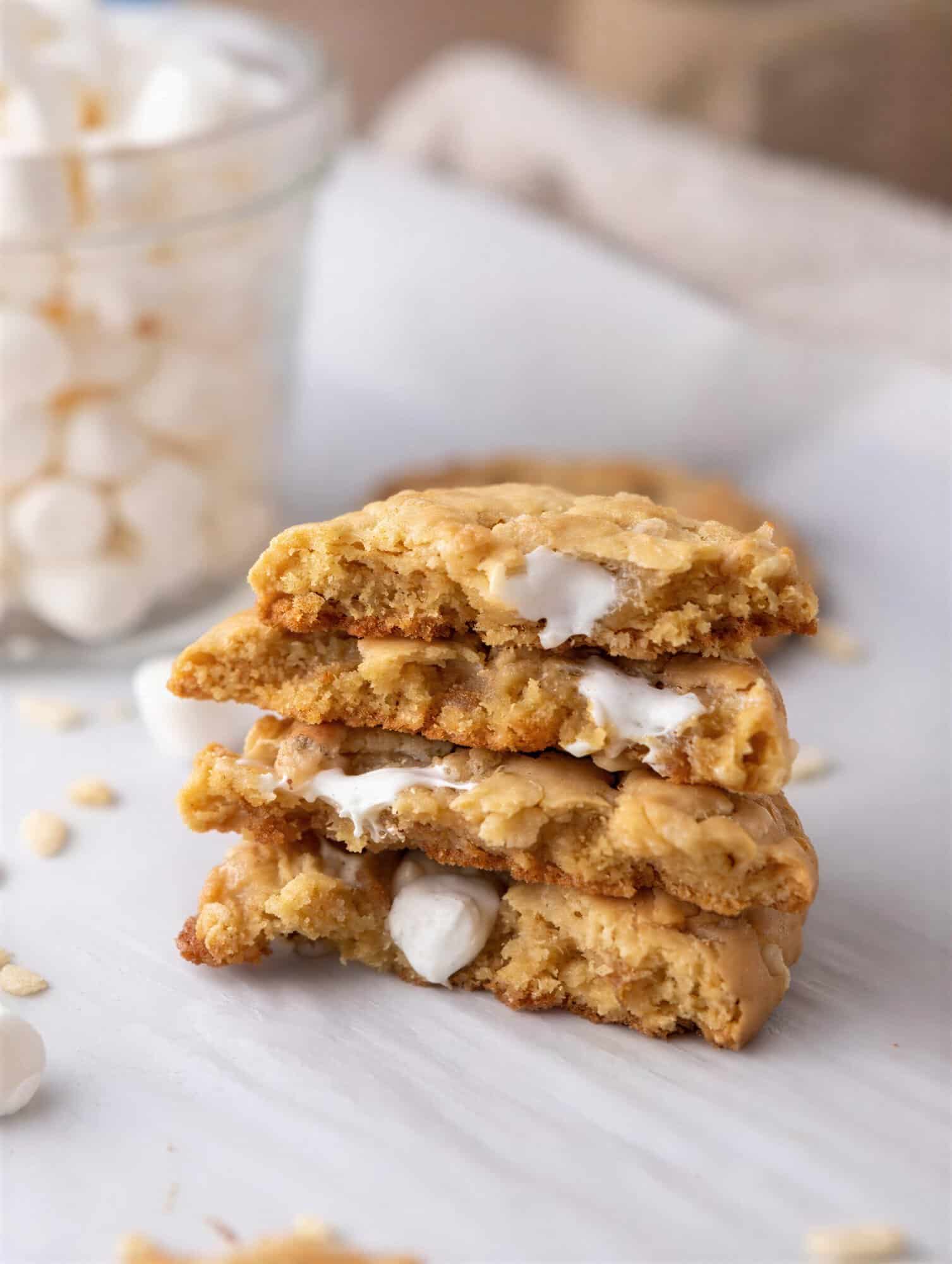 Stack of Costco Marshmallow Crispy Cookies.