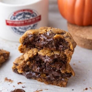 Brown Butter Pumpkin Chocolate Chip Cookies on parchment paper stacked