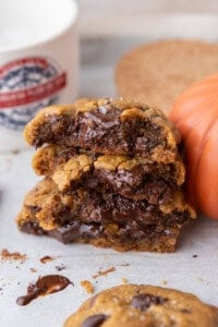 Brown Butter Pumpkin Chocolate Chip Cookies split and stacked