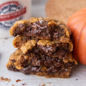 Brown Butter Pumpkin Chocolate Chip Cookies split and stacked