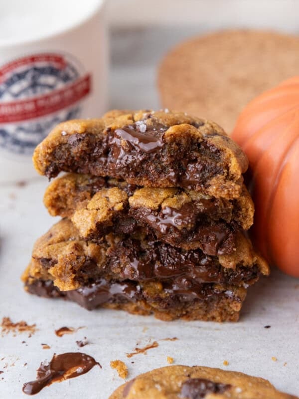 Brown Butter Pumpkin Chocolate Chip Cookies split and stacked