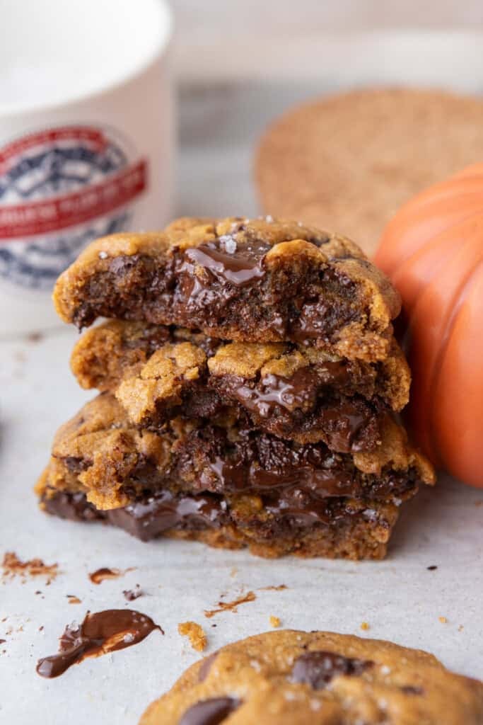 Brown Butter Pumpkin Chocolate Chip Cookies split and stacked