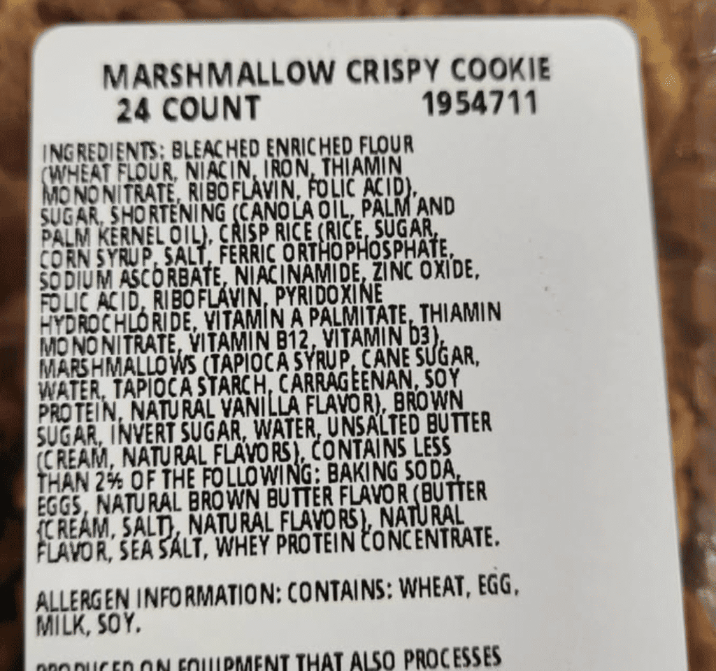 ingredient list from Costco Marshmallow Crispy Cookies