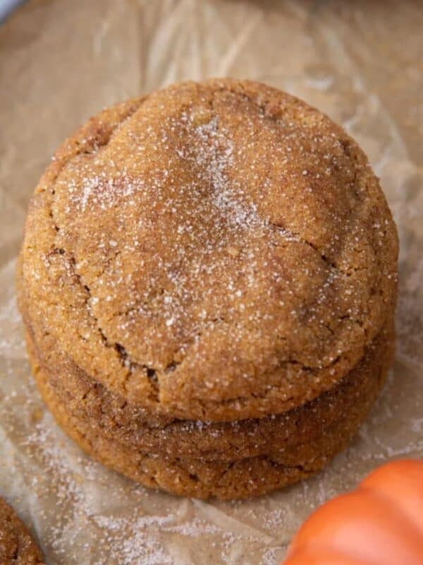 Brown Butter pumpkin snickerdoodle cookies stacked up.