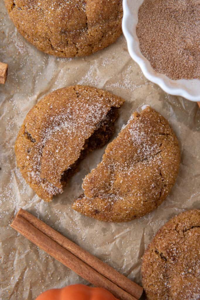 Brown Butter pumpkin snickerdoodle cookies split in half