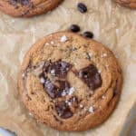 espresso chocolate chip cookie with puddles of melty chocolate and sea salt