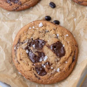 espresso chocolate chip cookie with puddles of melty chocolate and sea salt