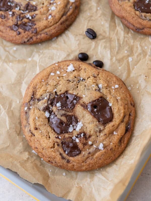 espresso chocolate chip cookie with puddles of melty chocolate and sea salt