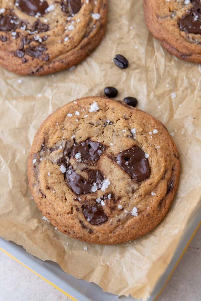 espresso chocolate chip cookie with puddles of melty chocolate and sea salt