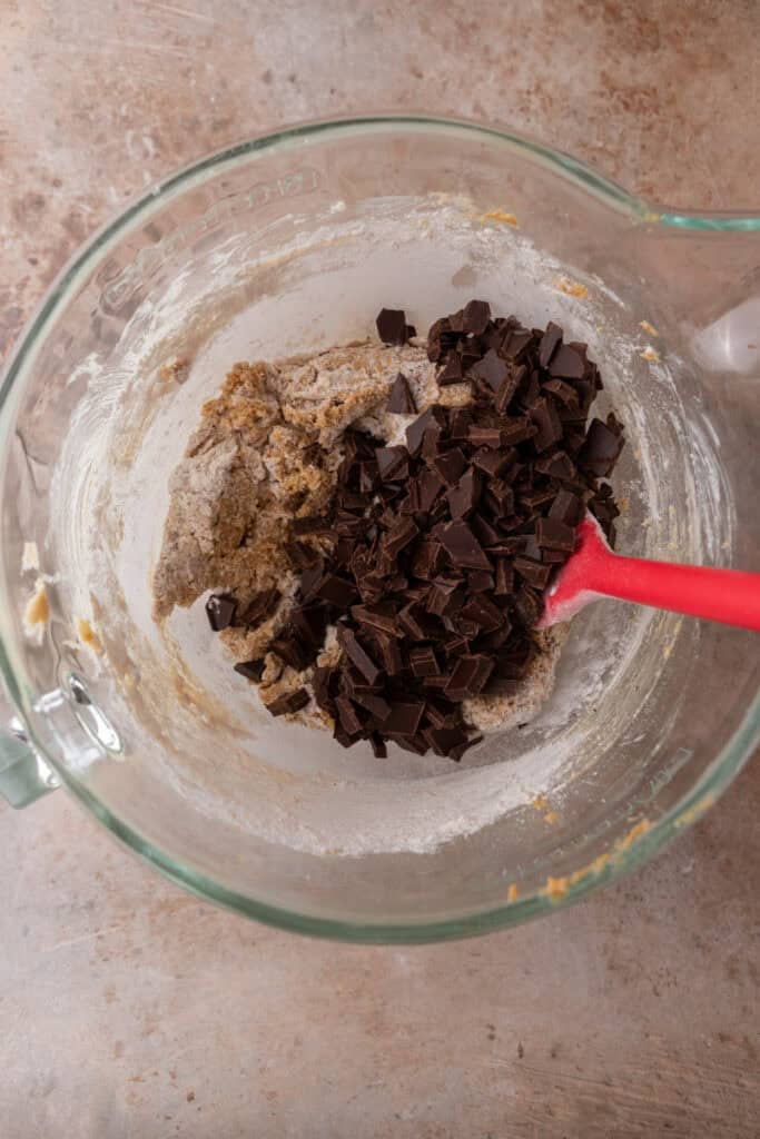 Chocolate chunks added into the cookie dough