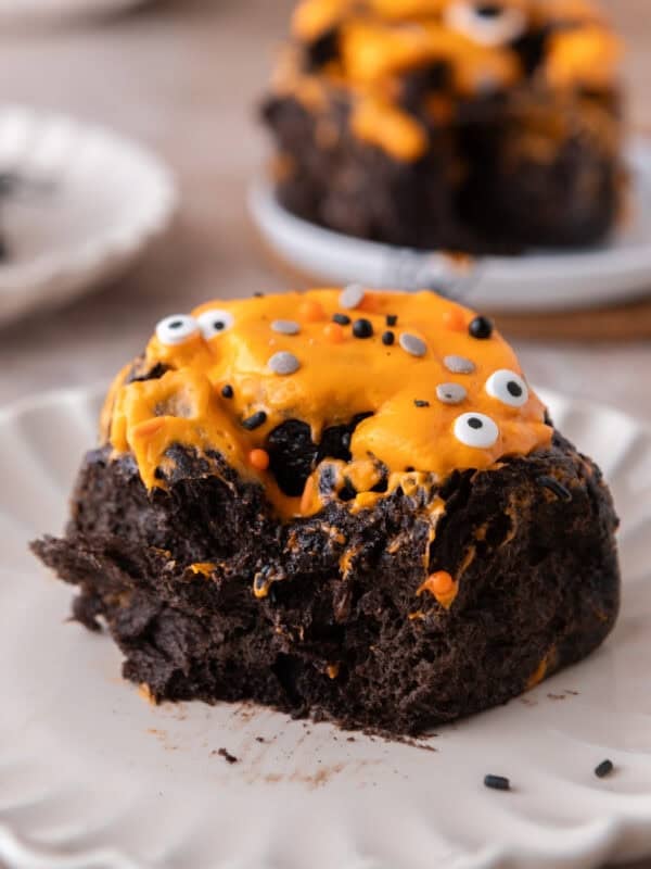 Black Cocoa Cinnamon Rolls on a plate