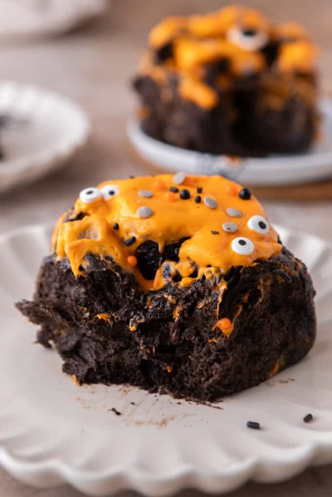 Black Cocoa Cinnamon Rolls on a plate