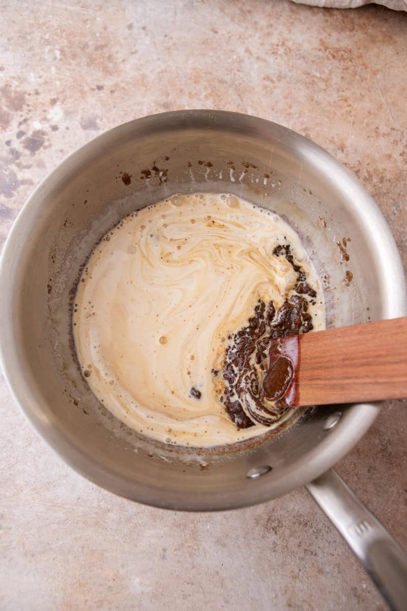 Making butterscotch sauce in a saucepan, step 3.
