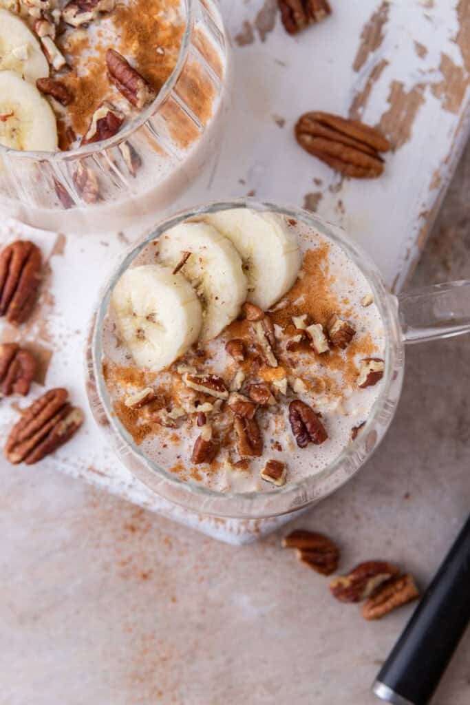 High Protein Overnight Oats recipe in a bowl overhead shot