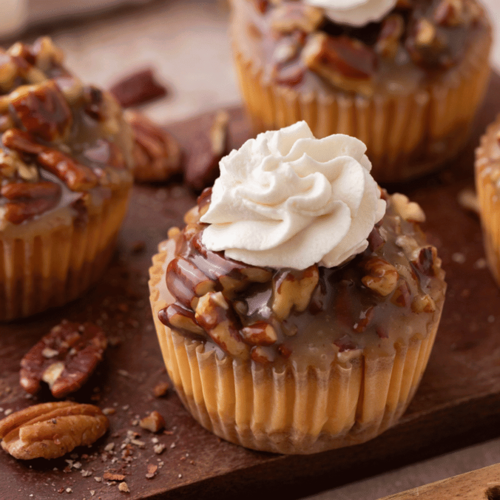 Mini Pecan Pie Cheesecakes with whipped cream