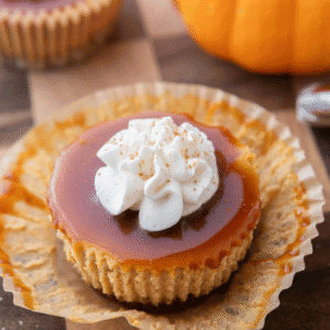 Mini pumpkin cheesecake topped with caramel drizzle and a dollop of whipped cream