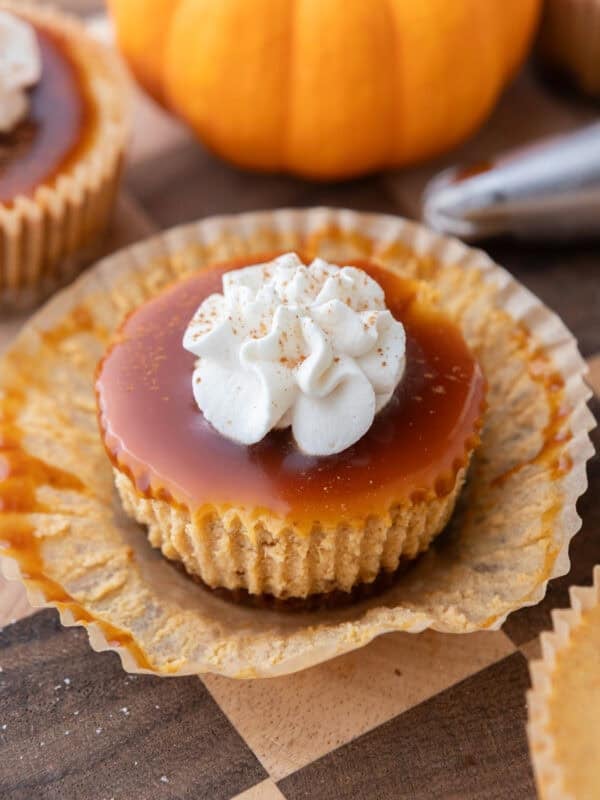 Mini Pumpkin Cheesecakes recipe on a paper liner