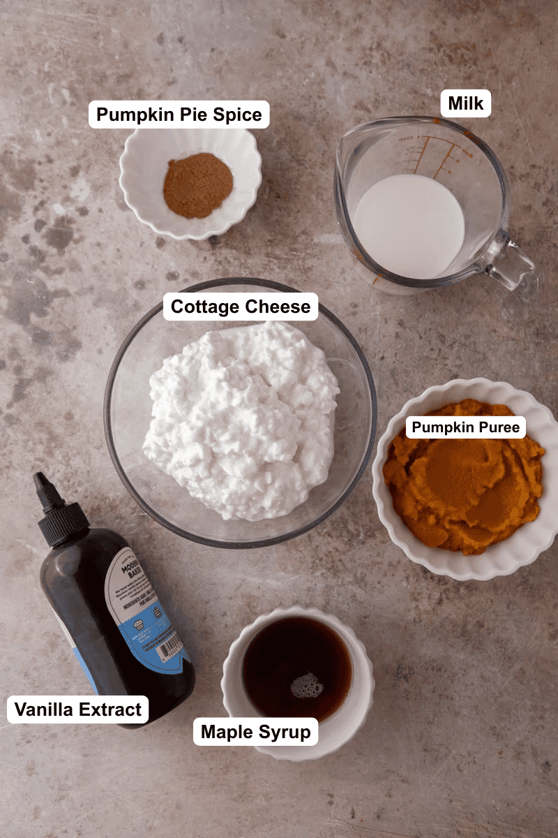 Ingredients for Ninja Creami pumpkin ice cream including cottage cheese, pumpkin puree, and pumpkin pie spice