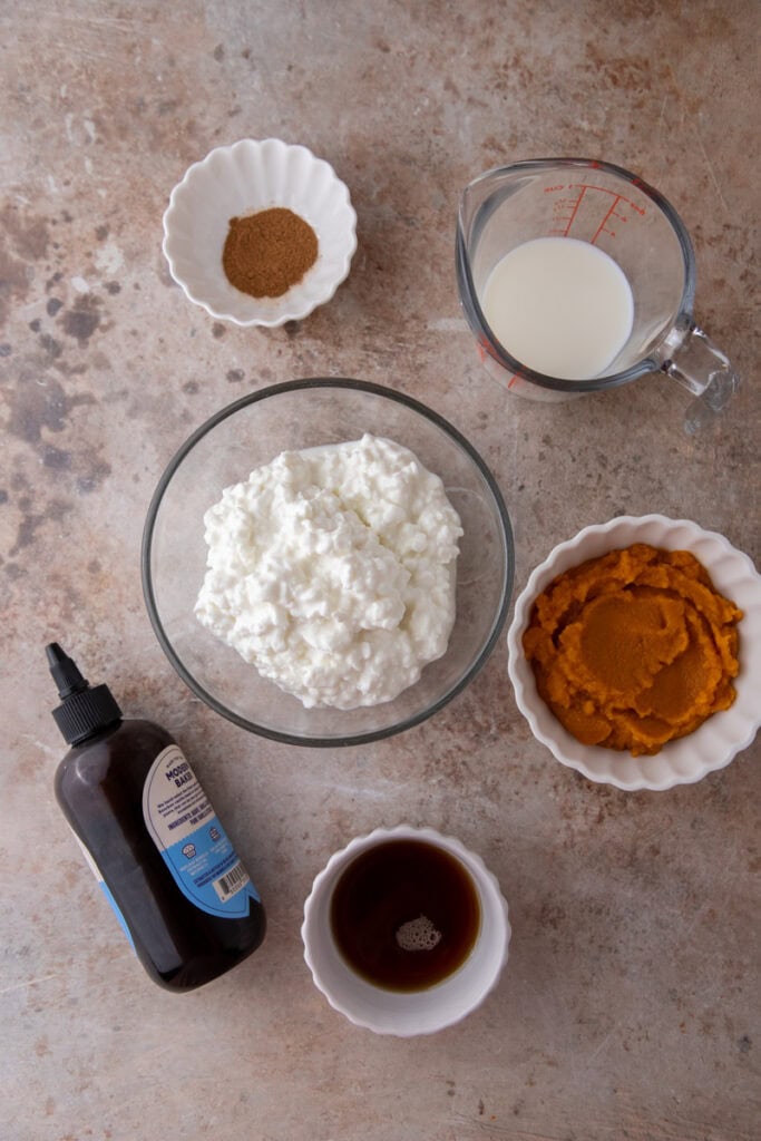 Ingredients for Ninja Creami pumpkin ice cream including cottage cheese, pumpkin puree, and pumpkin pie spice