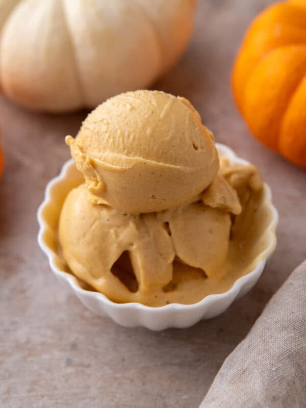 High-protein Ninja Creami pumpkin ice cream in white bowl