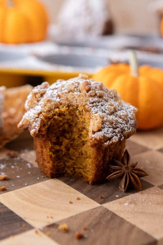 Panera Bread Pumpkin Muffins recipe with a bite taken out