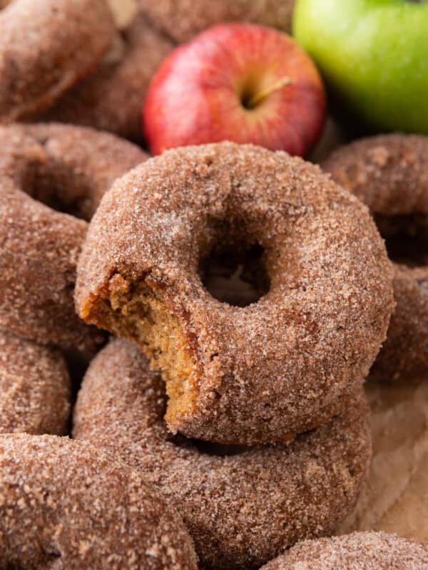 Close-up of a cinnamon sugar apple cider donut with a bite taken, showing soft cakey interior.