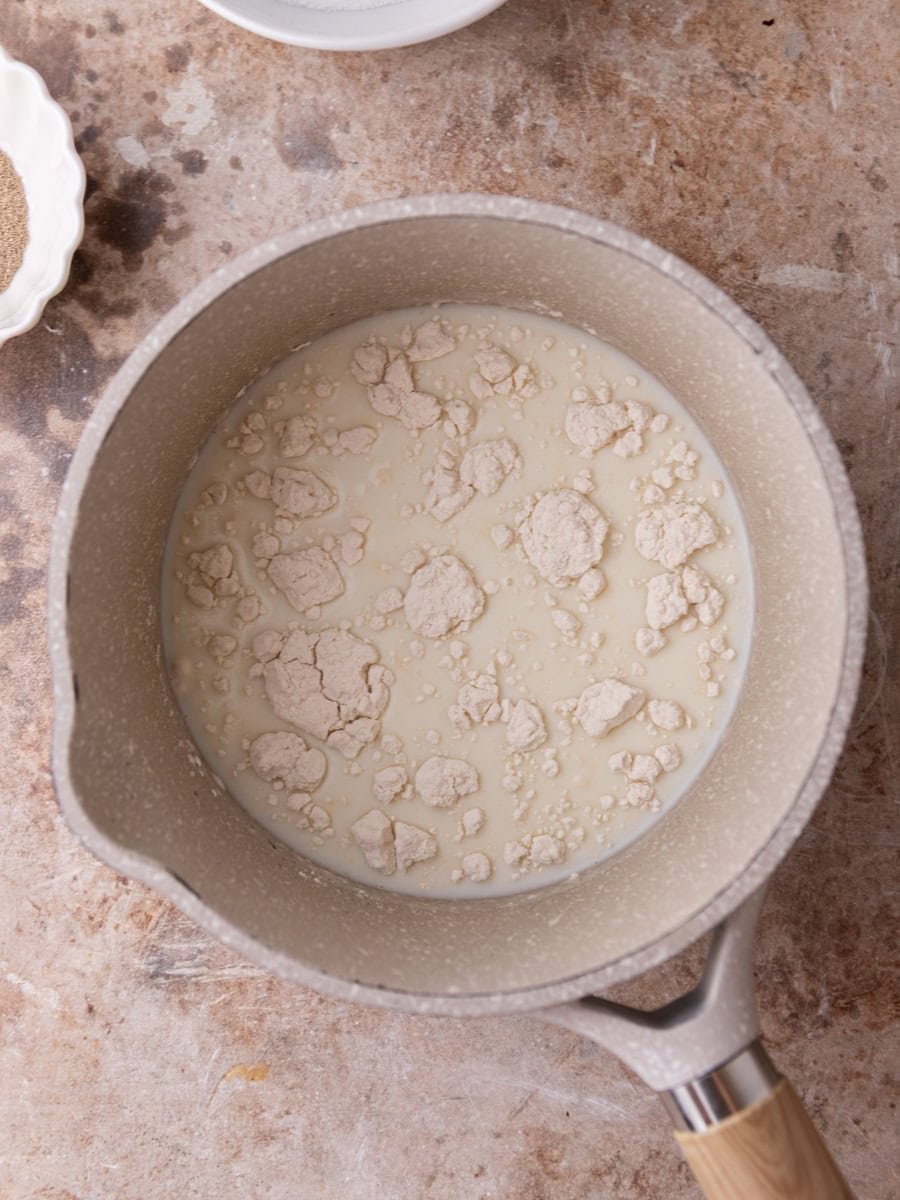  Flour and milk in saucepan to make tangzhong for brioche cinnamon rolls