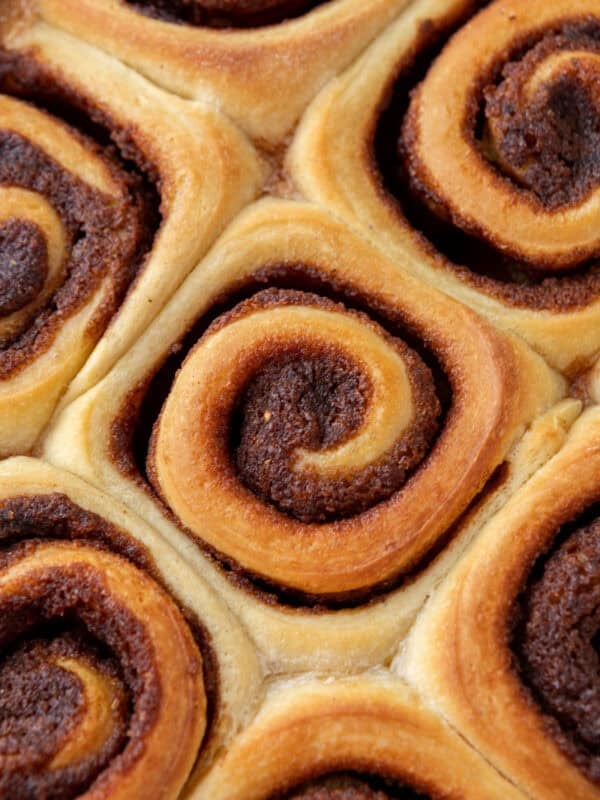 Close up of brioche cinnamon rolls showing the texture of the dough and filling perfectly