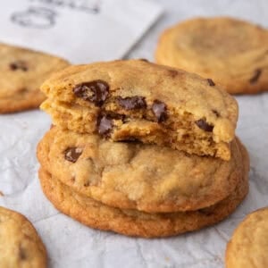 Close-up of Crumbl Martha Stewart cookie stack with gooey melted chocolate center.